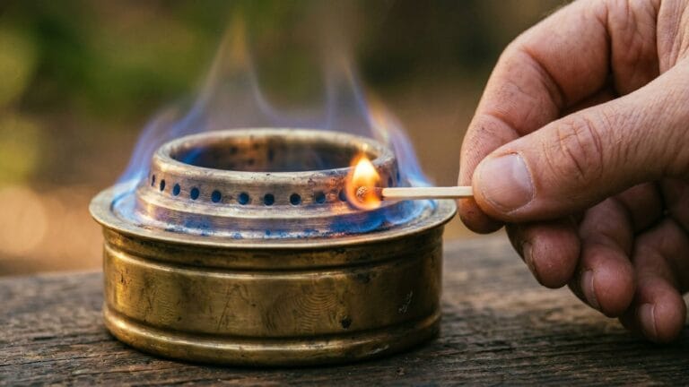 Stormkøkken — den komplette guide til camp cooking 29 Messing-spritbrænder tændes med en tændstik, blå spritflamme — hjertet i et stormkøkken