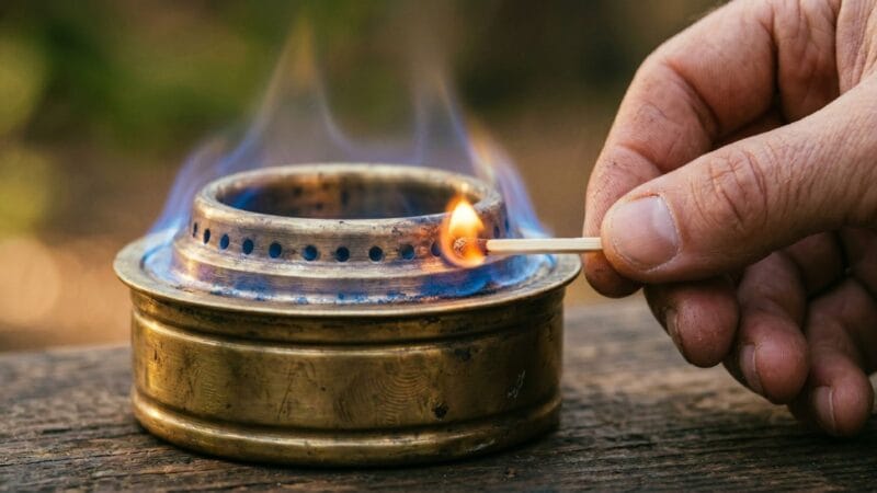 Stormkøkken — den komplette guide til camp cooking Messing-spritbrænder tændes med en tændstik, blå spritflamme — hjertet i et stormkøkken