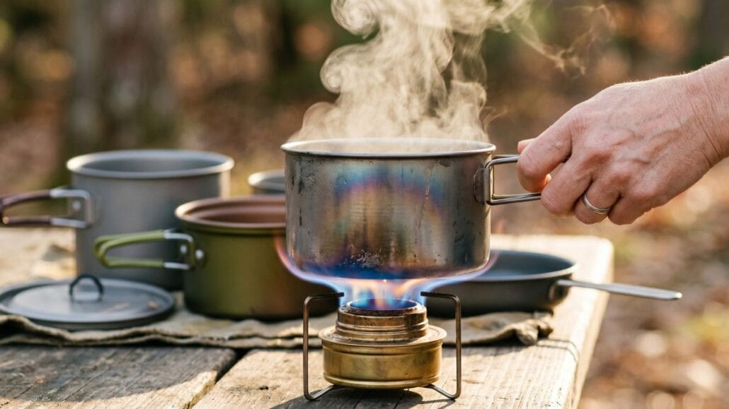 Stormkøkken — den komplette guide til camp cooking 13 Hånd løfter en dampende titaniumgryde af en spritbrænder med nesting-gryder bagved