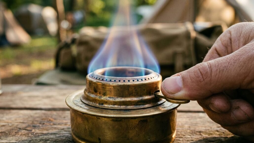 Stormkøkken — den komplette guide til camp cooking 11 Tændt Trangia-messingbrænder med blå spritflamme og simmer-greb