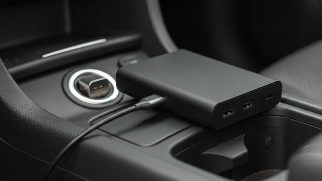 Powerbank lader fra bilens 12V-cigartænderudtag via et kort USB-kabel på midterkonsollen