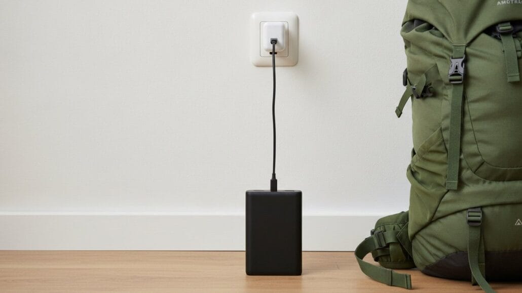 Powerbank lader op fra en 230V-vægoplader i stikkontakten ved siden af en pakket vandrerygsæk
