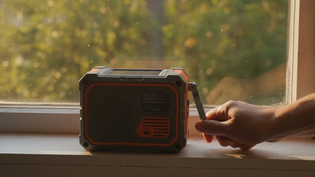 Nødradio med håndsving og solpanel på en vindueskarm i sommerhus
