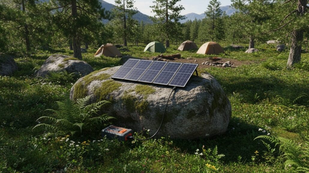 Foldbart solpanel oplader en powerbank på en sten i solen ved en lejrplads