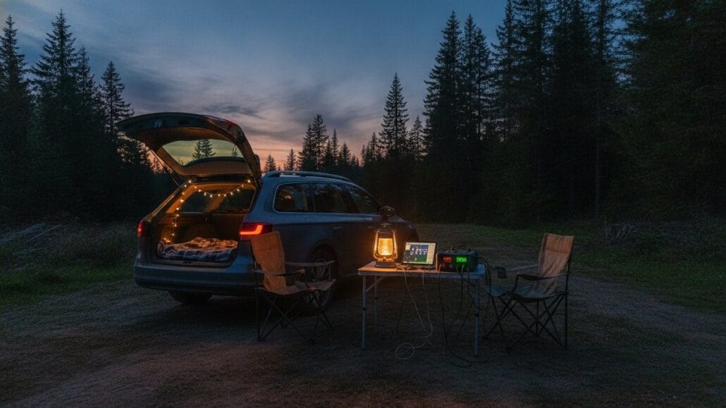 Basecamp ved bil i skumringen med lanterne og enheder der lader fra powerbank