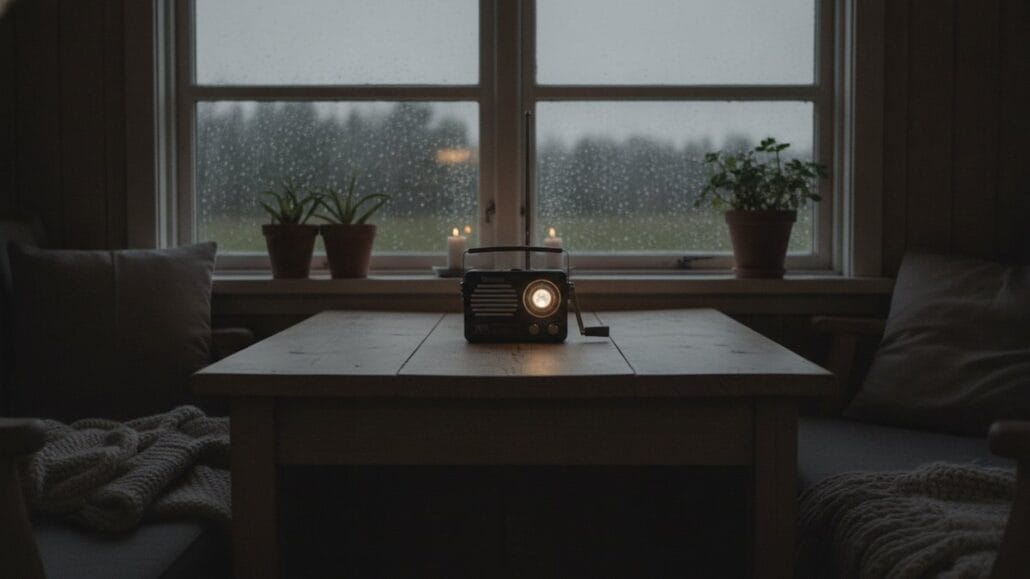 Nødradio med håndsving lyser på bordet i sommerhus under strømsvigt