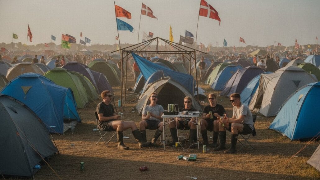 Tætpakket dansk festival-teltplads med flag, telte og folk ved campingbord