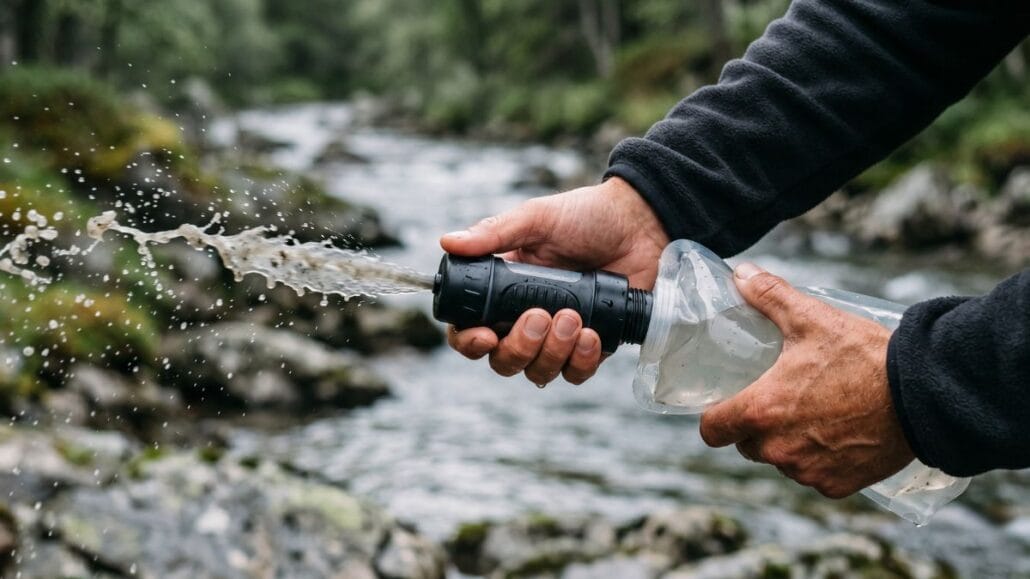 Vandfilter til vandring — sådan renser du vand på turen 13 Klart filtreret vand klemmes ud gennem et squeeze-filter ved en bæk