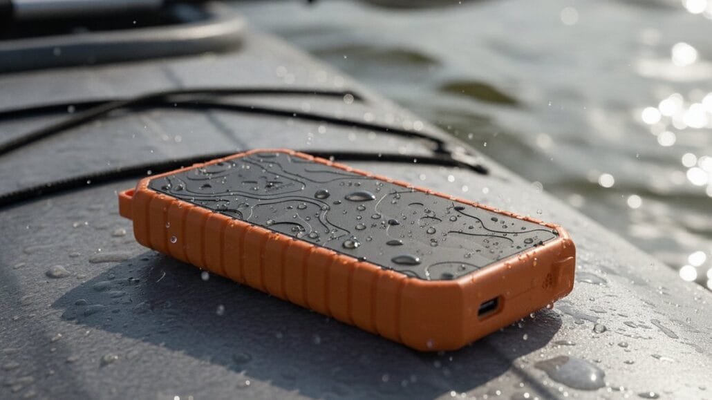Vandtæt powerbank på dækket af en kajak med vandstænk omkring