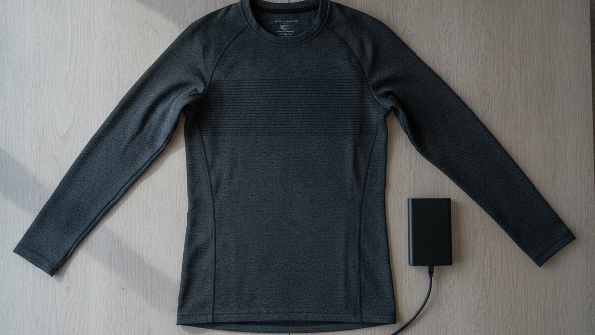 Baselayer med varme: sådan vælger du opvarmet undertøj 1 Opvarmet baselayer med indvævede kulfibertråde lagt frem sammen med powerbank og kabel
