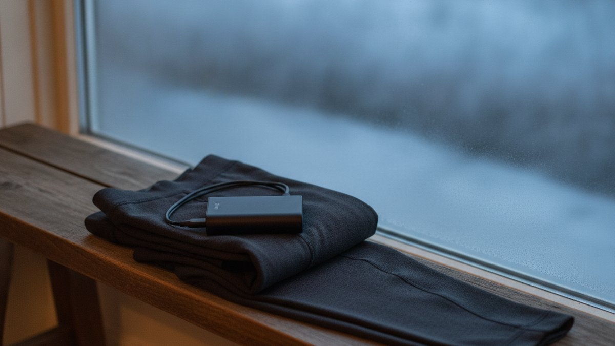 Baselayer med varme: sådan vælger du opvarmet undertøj 2 Lange underbukser med varmeelementer på lårene lagt frem på træbænk ved vindue i frostvejr