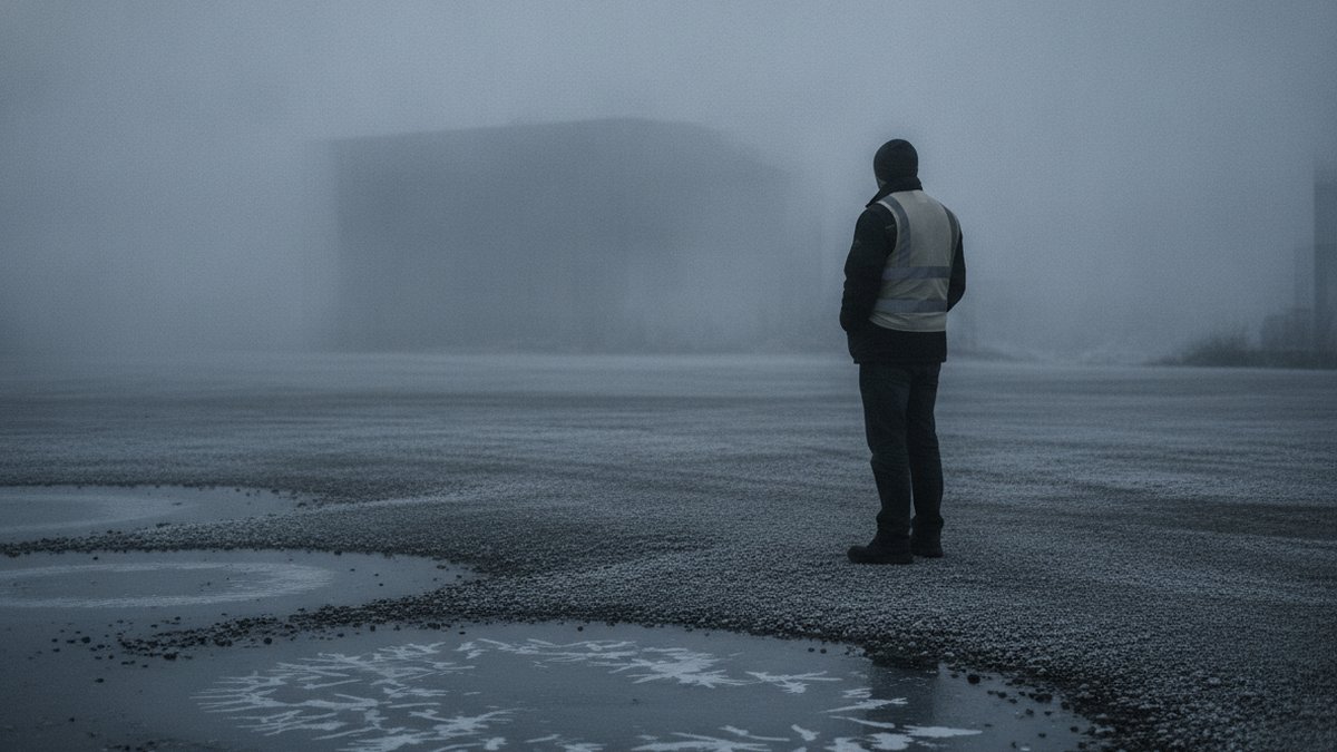 Baselayer med varme: sådan vælger du opvarmet undertøj 5 Person i arbejdstøj står stille udendørs i frost og rimtåge med opvarmet inderlag