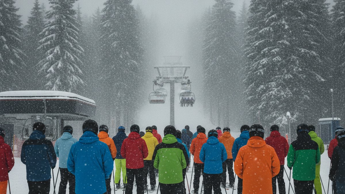 Baselayer med varme: sådan vælger du opvarmet undertøj 3 Skiløber i liftkø i frostvejr med opvarmet baselayer under skijakken