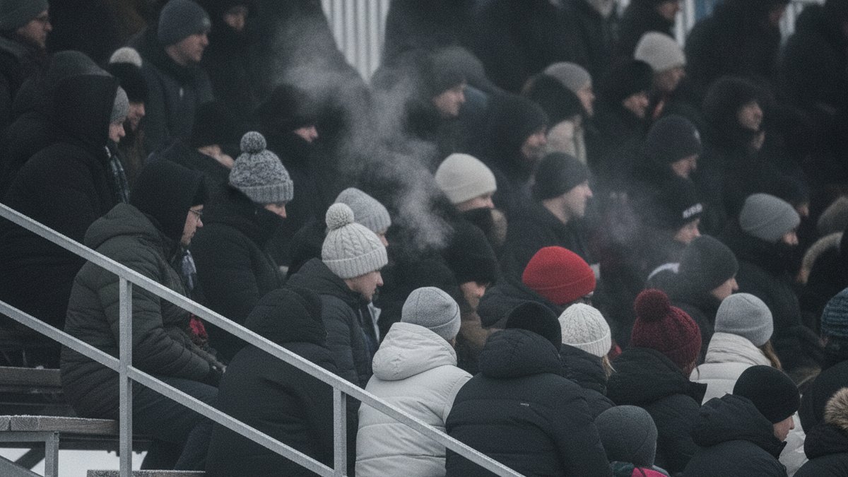 Baselayer med varme: sådan vælger du opvarmet undertøj 6 Tilskuere sidder tæt på kold tribune i vinterlys med tykke lag overtøj