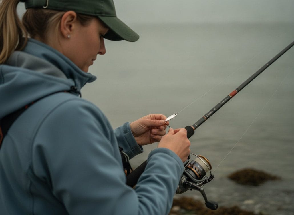 Fiskegrej til begyndere: sådan sammensætter du dit første sæt 1 Kystblink bindes på fluorocarbon-forfang ved spinnestang med fastspolehjul