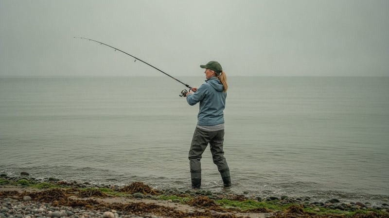 Fiskegrej til begyndere: sådan sammensætter du dit første sæt Lystfisker vader ud fra en stenet dansk kyst og kaster med spinnestang efter havørred