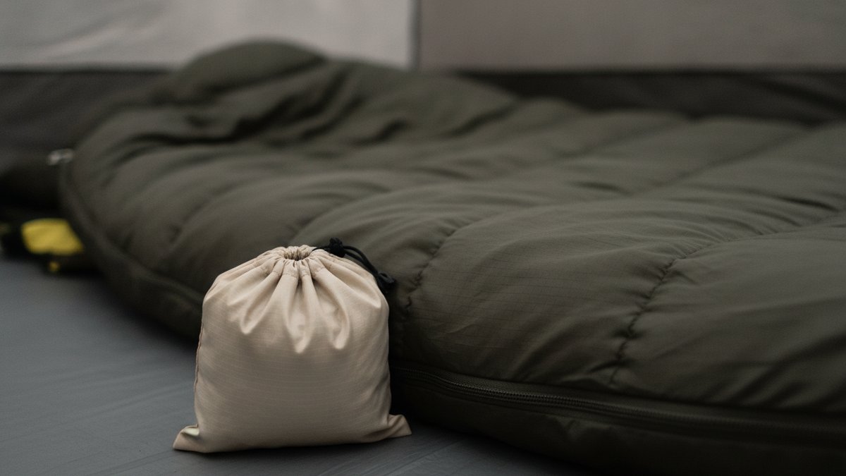 Lagenpose: silke, fleece eller bomuld — og hvor meget varmer den? 1 Sammenrullet silkelagenpose i pakkepose ved siden af udrullet sovepose i telt