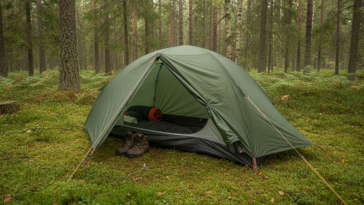 Letvægtstelt: sådan vælger du efter vægt, pris og pakkemål 1 Letvægtstelt med stramme barduner i nordisk granskov med åben apsis og vandrestøvler