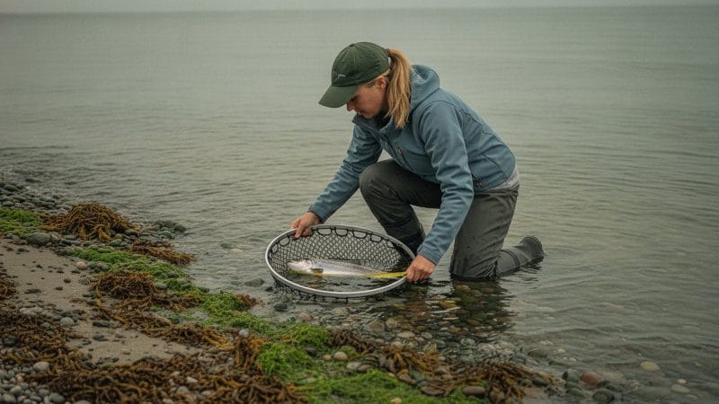 Mindstemål og fredningstider for fisk i Danmark Havørred måles med målebånd i fangstnet i vandkanten for at tjekke mindstemålet