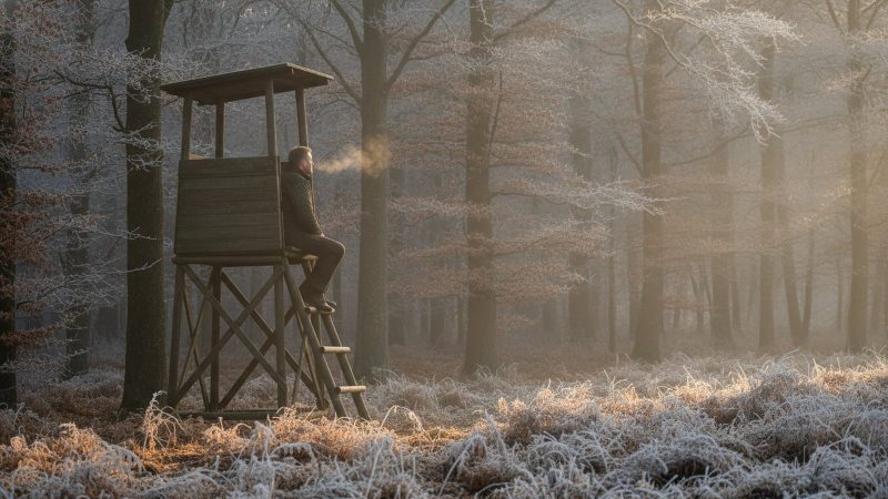 Opvarmet jagttøj: sådan vælger du varmen rigtigt Jæger sidder stille i træanstand ved frostklar solopgang i dansk bøgeskov
