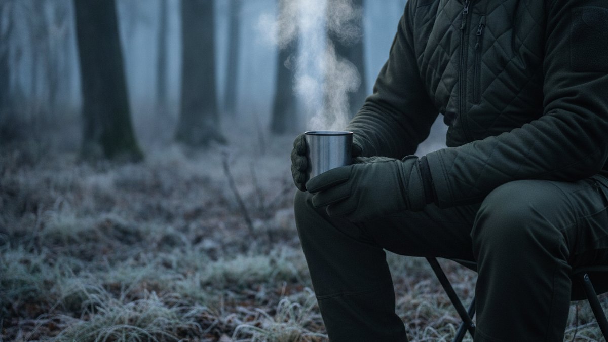 Opvarmet jagttøj: sådan vælger du varmen rigtigt 1 Jæger sidder stille på anstand i frostklart morgenlys med opvarmet jagtjakke og termokop