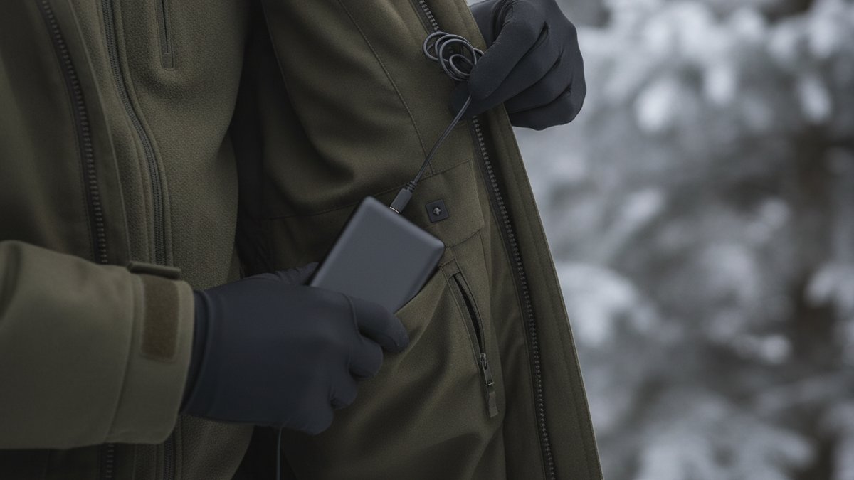 Opvarmet jagttøj: sådan vælger du varmen rigtigt 2 Hænder i handsker forbinder powerbank til varmekabel i inderlommen på opvarmet jagtjakke