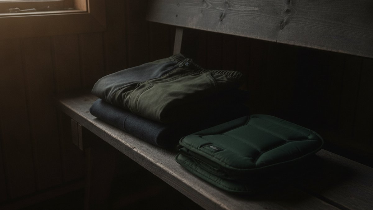 Opvarmet jagttøj: sådan vælger du varmen rigtigt 6 Opvarmede lange underbukser lagt frem sammen med jagtbukser og siddepude før jagtdag