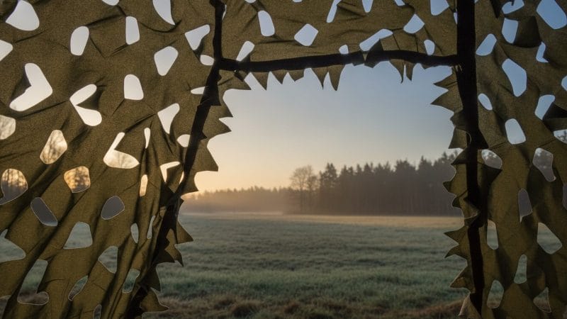 Sløringsnet til jagt: maskestørrelse, farve og ophængning Set indefra et jagtskjul gennem et camouflage-sløringsnets masker mod dugget mark ved daggry