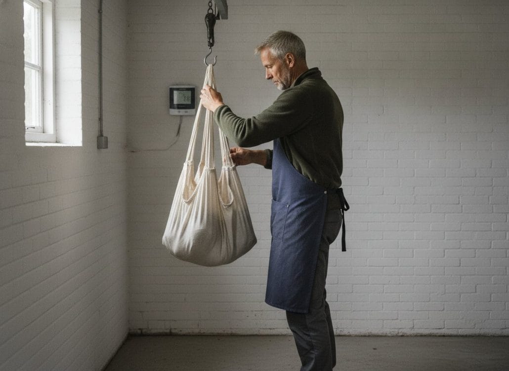 Vildtkød fra skud til fryser: opbrækning, modning og partering 1 Vildtsæk hængt frit op fra en krog i et køligt udhus med termometer på væggen — afkøling af vildtkød
