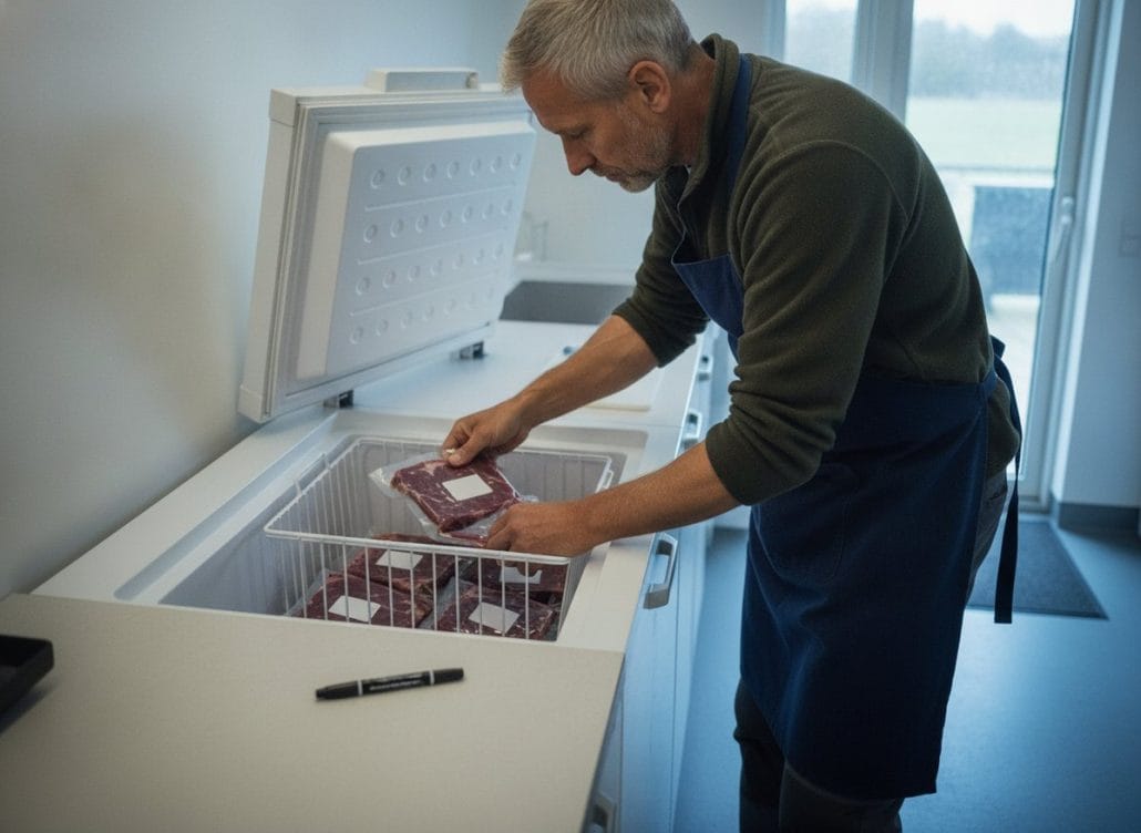 Vildtkød fra skud til fryser: opbrækning, modning og partering 3 Vakuumpakkede portioner vildtkød lægges spredt ned i kummefryser ved minus 18 grader