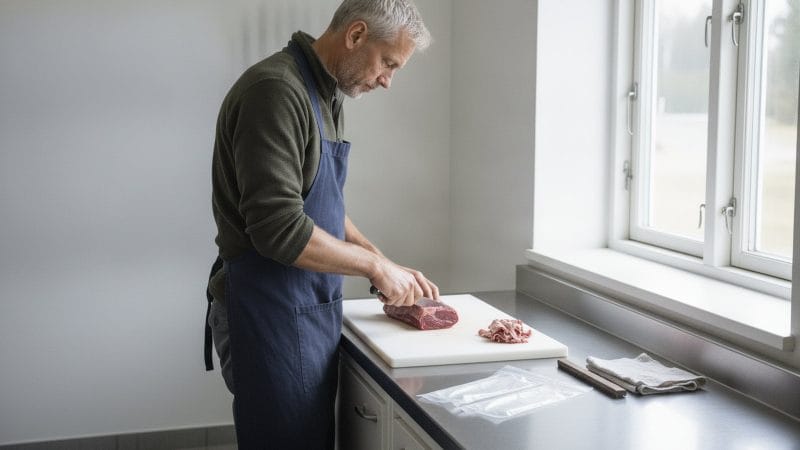 Vildtkød fra skud til fryser: opbrækning, modning og partering Jæger udbener et stykke dyreryg på skærebræt i et lyst bryggers — vildtkød på vej i fryseren