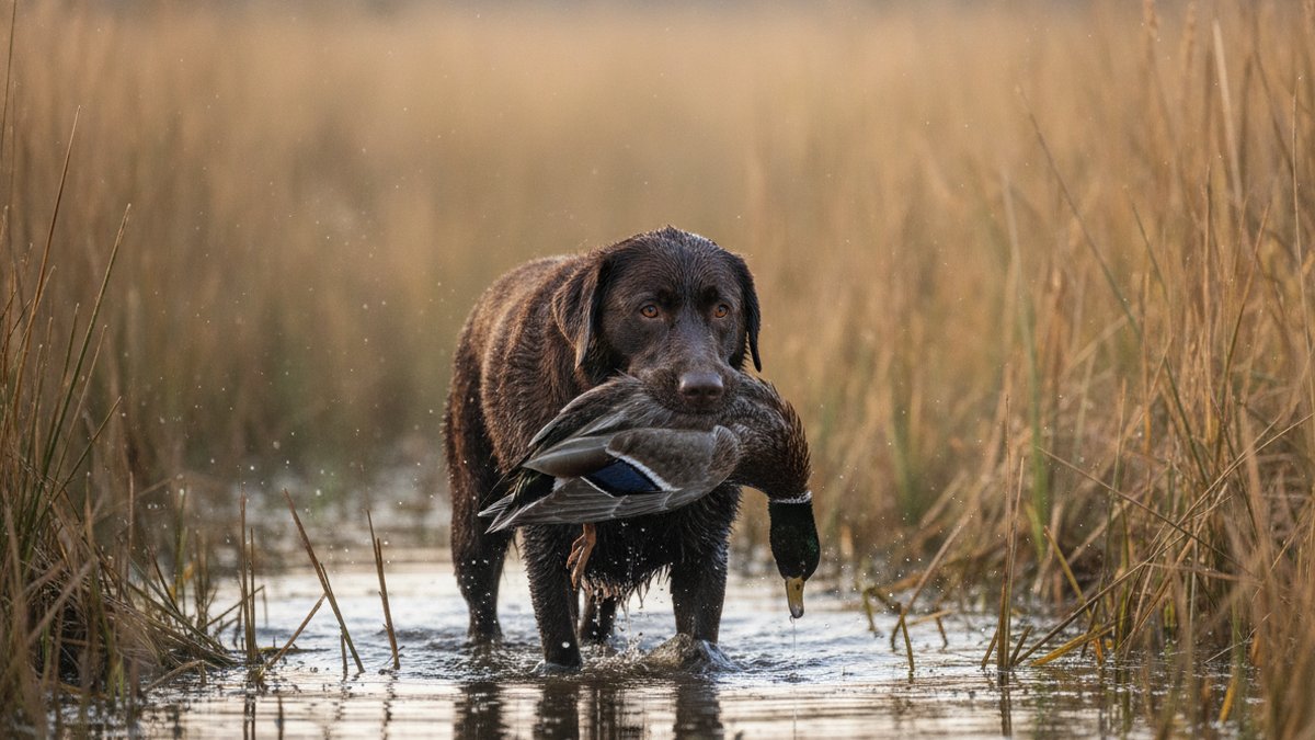 Andejagt: skydetid, steder og grej der virker i mørke 6 Labrador i neoprenvest svømmer med apporteret and i vandet ved sivkant i efterårsmorgen