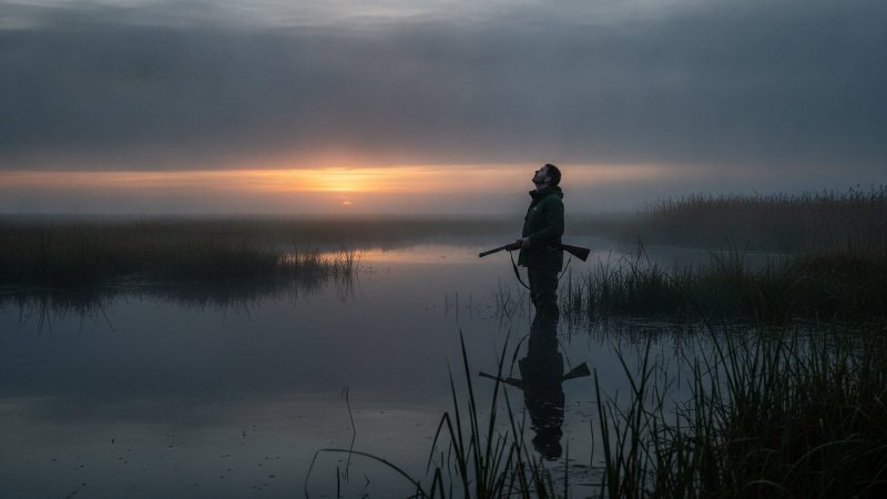 Andejagt: skydetid, steder og grej der virker i mørke Andejæger står i lavt vand i en mose ved daggry med haglgevær over armen under morgentræk