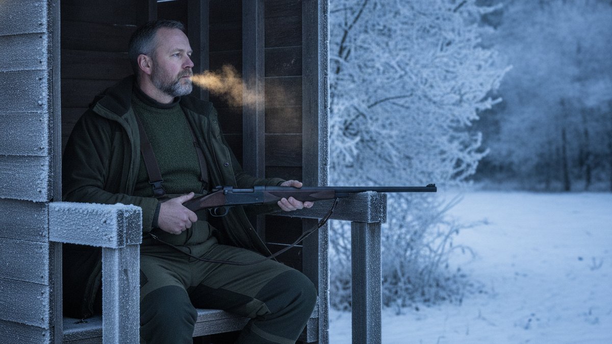 Bedste jagtbukser: membran, stræk eller uld, og hvornår hver af dem er forkert 4 Jæger i isolerede jagtbukser med seler sidder i skydetårn i frost og sne ved daggry