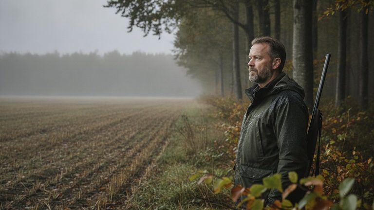 Bedste jagtjakke: vælg efter jagtform, vejr og lyd 5 Jæger i mørkegrøn vandtæt jagtjakke med hætte ved tåget skovbryn i efterårsregn
