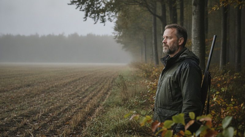 Bedste jagtjakke: vælg efter jagtform, vejr og lyd Jæger i mørkegrøn vandtæt jagtjakke med hætte ved tåget skovbryn i efterårsregn