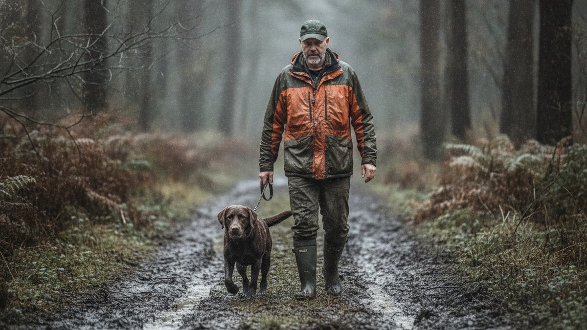Bedste jagtstøvler: læder, gummi eller neopren, og hvornår hver af dem er forkert 5 Hundefører i korte neoprenjagtstøvler går gennem mudret skovspor med labrador under drivjagt i regn