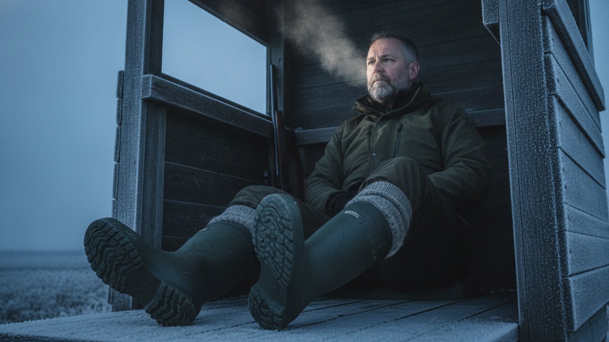 Bedste jagtstøvler: læder, gummi eller neopren, og hvornår hver af dem er forkert 4 Jæger sidder i skydetårn i frost med varme neoprenjagtstøvler og tykke uldsokker ved daggry