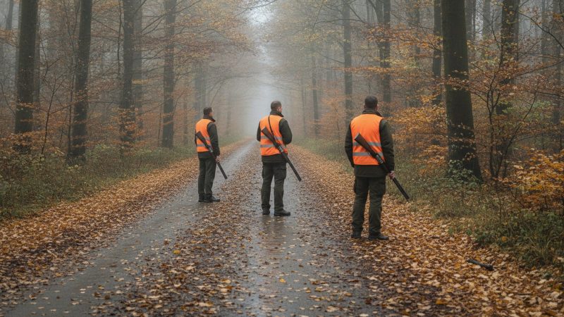 Drivjagt: sikkerhed, roller og den rigtige kikkert Tre jægere i orange signalveste står på post langs en tåget skovvej under drivjagt i november