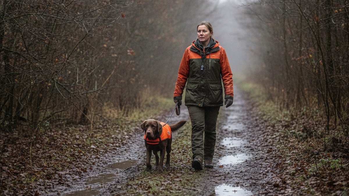 Drivjagt: sikkerhed, roller og den rigtige kikkert 4 Hundefører med labrador i orange beskyttelsesvest gennem vådt krat under drivjagt
