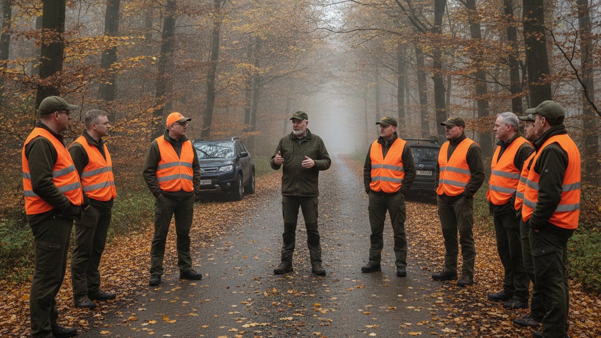 Drivjagt: sikkerhed, roller og den rigtige kikkert 5 Jagtleder holder parole for gruppe jægere i orange veste ved skovvej før drivjagt