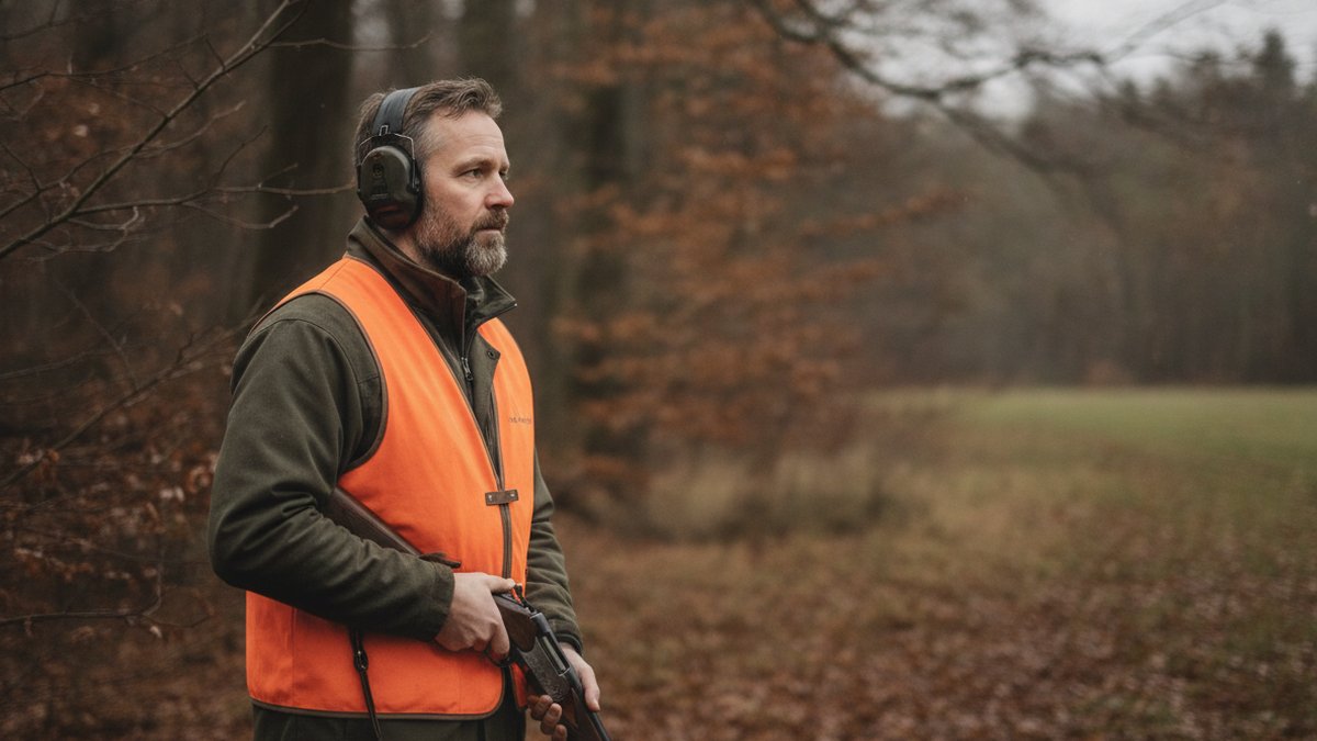 Drivjagt: sikkerhed, roller og den rigtige kikkert 2 Jæger i orange vest står på post ved skovkant med riffel og elektronisk høreværn under drivjagt