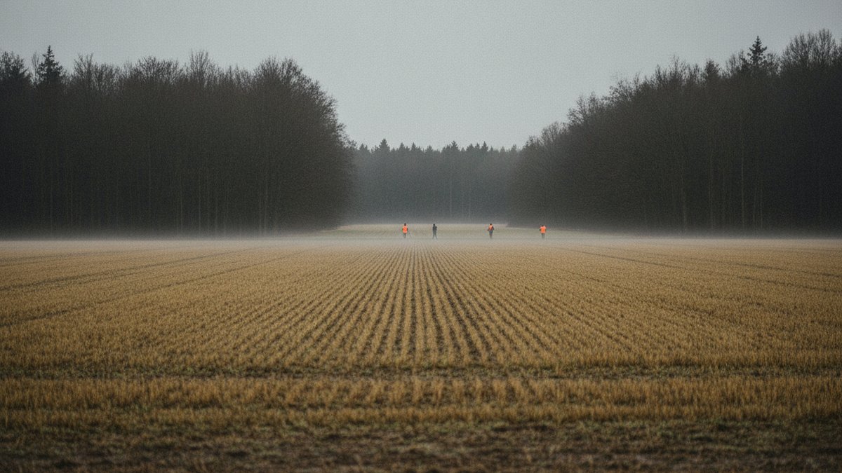 Drivjagt: sikkerhed, roller og den rigtige kikkert 1 Jægere i orange veste står med afstand langs skovbrynet set fra den modsatte side af en stubmark under drivjagt