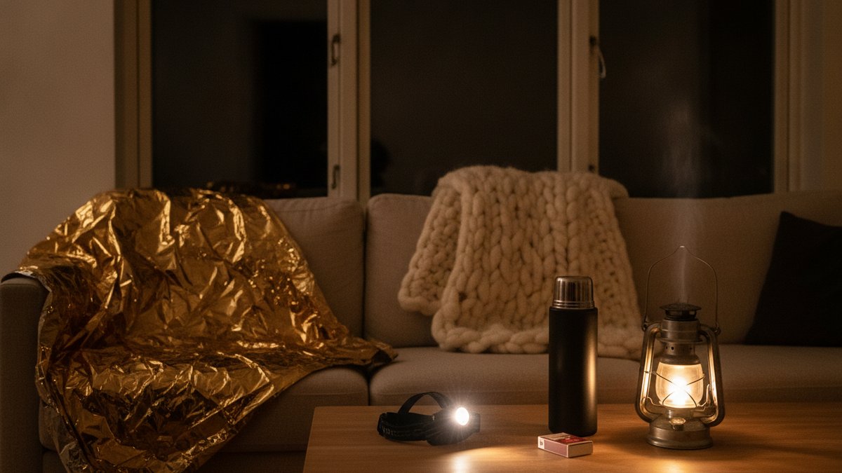 Alutæppe, uldtæppe, pandelampe, LED-lanterne, termokande og tændstikker klar på sofabordet under strømsvigt