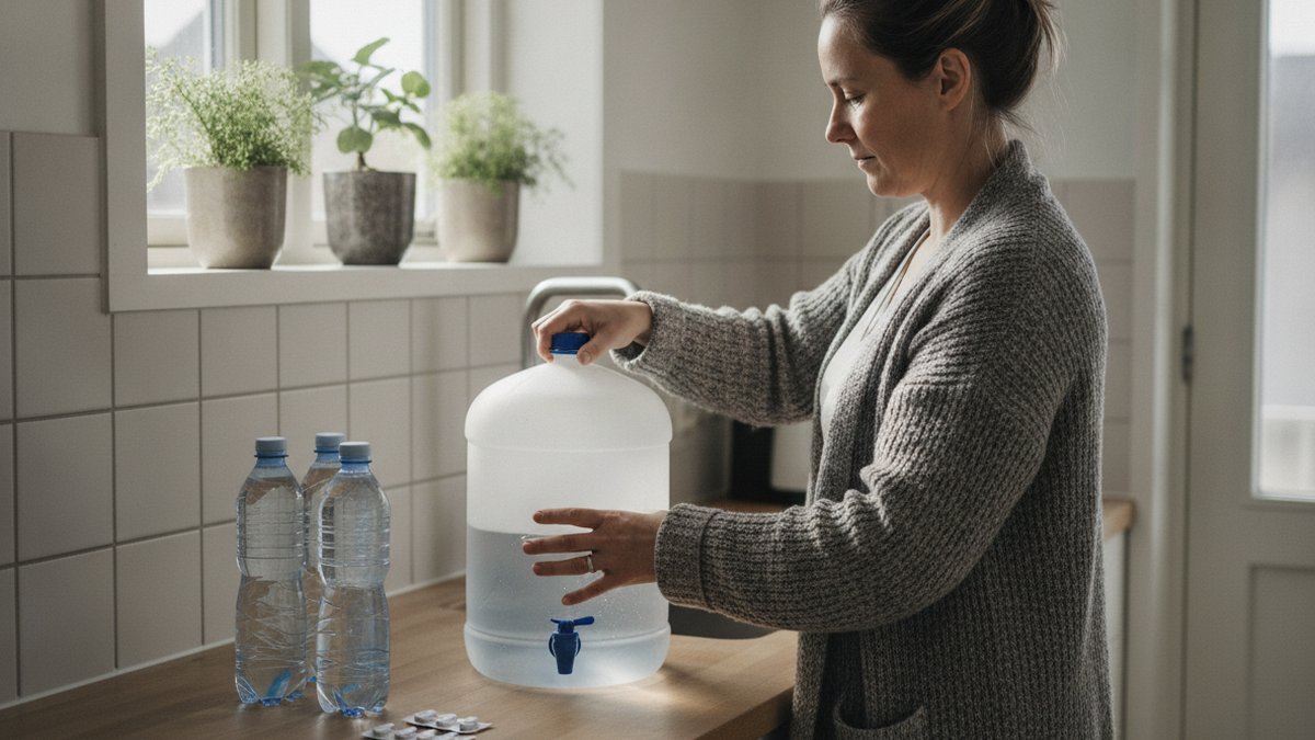 Kvinde fylder en foldbar vanddunk med hane fra køkkenhanen til hjemmeberedskabet, vandflasker og vandrensningstabletter på bordet