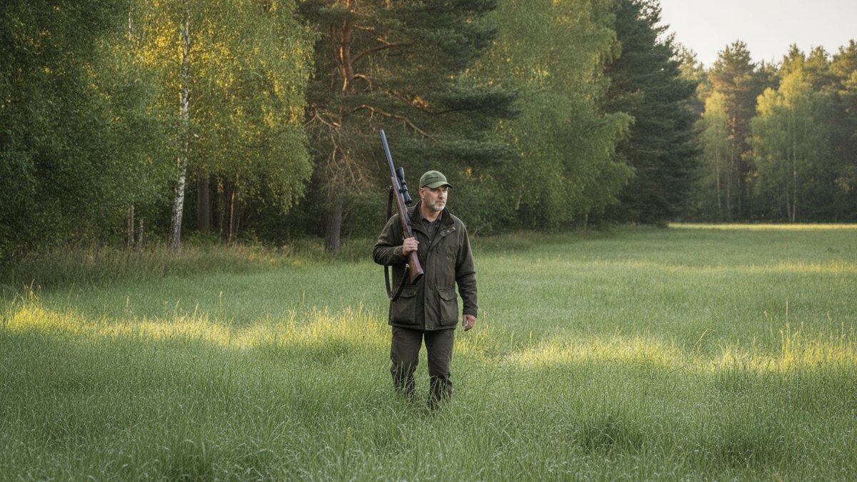 Bedste sigtekikkert 2026: sådan vælger du den rigtige riffelkikkert 1 Jæger på pürsch langs skovkant med riffel og allround sigtekikkert over skulderen