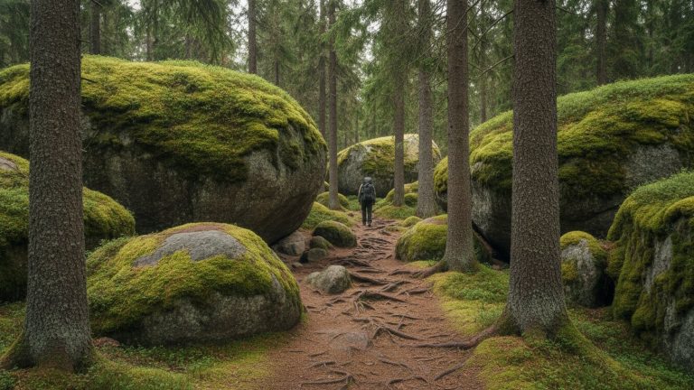 Tiveden og Fulufjället: vandreture i to af Sveriges vildeste nationalparker 17 Vandrer på stien mellem mosgroede kæmpeblokke i Tiveden Nationalparks urskov i Sverige